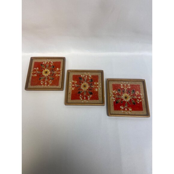 Peru Floral Reverse Painted Coasters Square Hand Made - Set of 3 - Picture 2 of 6